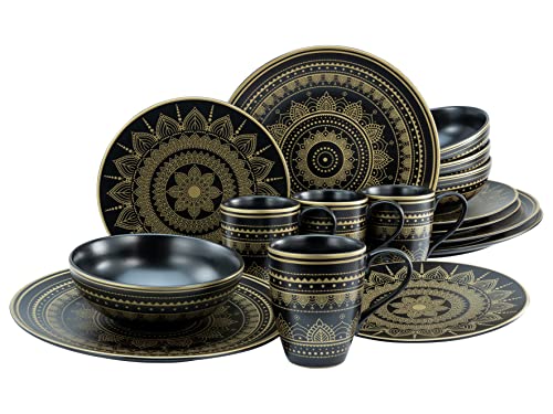 CreaTable, 23586, Serie MANDALA GOLD - Schwarz, 16-teiliges Geschirrset, Kombiservice aus Steinzeug, spülmaschinen- und mikrowellengeeignet, Qualitätsproduktion