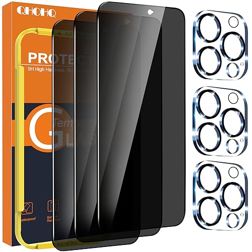 QHOHQ 3 Stück Sichtschutz für iPhone 15 Pro [6,1 Zoll] mit 3 Stück Kameraschutz, Anti-Spähen Panzer Schutz Glas, HD Blickschutzfolie, 9H Härte, Anti-Kratzer, Bläschenfrei