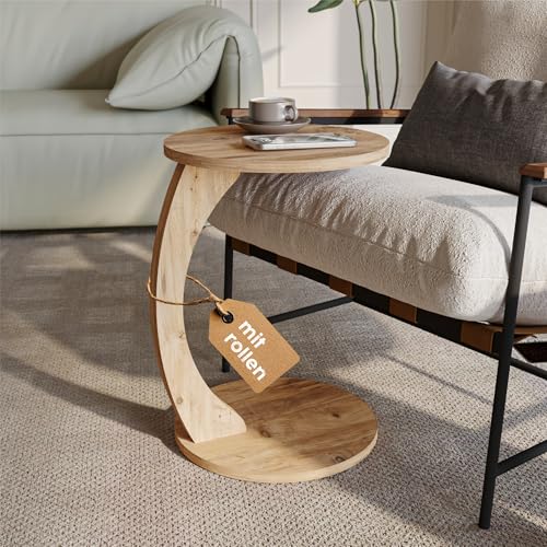 sugodesign Couchtisch mit Rollen, Kleiner Beistelltisch C Form, Beistelltisch Couch, stylischer Sofatisch in schöner Nussbaum Holz Optik, runder Ablagetisch ideal für Couch und Wohnzimmer, C Form
