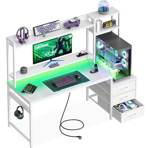Coleshome Gaming Tisch mit Regal und Schubladen, 137 × 48 cm, Weiß