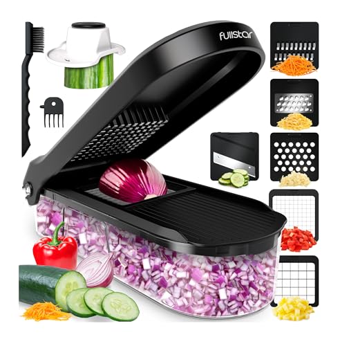 Fullstar Gemüseschneider und Mandoline Gemüsehobel - Julienne- und Würfelschneider für Gurken Zwiebeln Kartoffeln Früchte - Reibe für Gemüse Käse - Küchenzubehör Küchengeräte (6-in-1 Kompakt Schwarz)