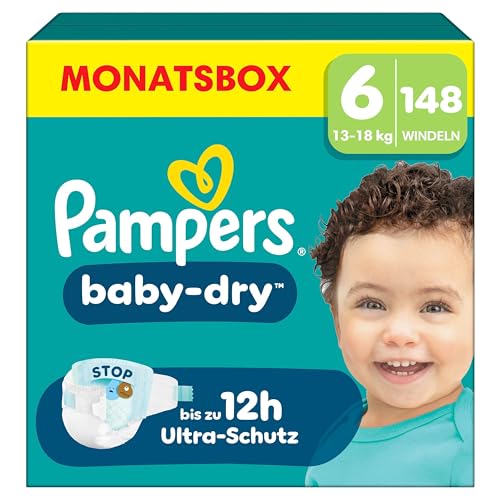 Pampers Baby-Dry Größe 6, 148 Windeln, 13kg-18kg, Bis zu 100% Auslaufschutz & Komfort die ganze Nacht