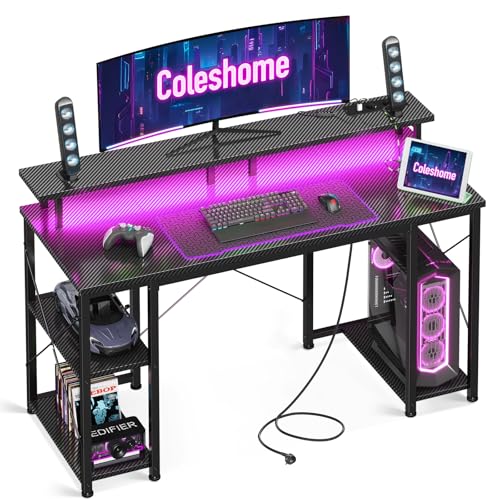 Coleshome Gaming Tisch mit LED-Beleuchtung, 120x50cm Gaming Schreibtisch mit 2 Steckdosen & 2 USB-Anschlüssen, Computertisch mit Monitorständer & Stauraum, Home Office Schreibtisch, Schwarz