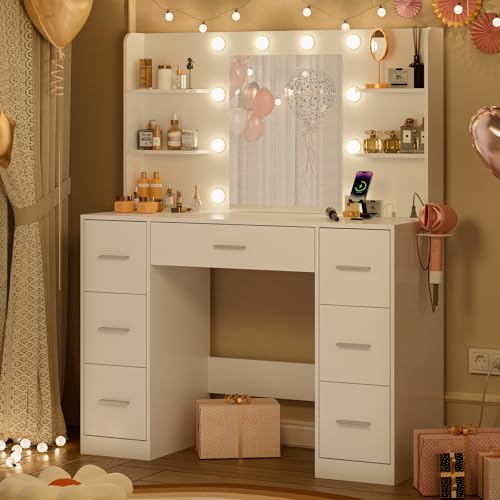 Airfish Große Schminktisch mit LED-Beleuchtung, Einstellbarer Helligkeit, Frisiertisch mit Spiegel, 7 Schubladen und Steckdose,4 Ablagen, Modern, für das Schlafzimmer (Weiß)