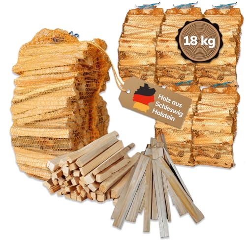 Landree Anfeuerholz, Anzündholz 18 kg (6 Netze a 3 kg) ca 20cm Scheitlänge, Nadelholz, trockenes und sofort einsetzbares Brennholz für Kamin und Ofen, Qualität aus Schleswig Holstein