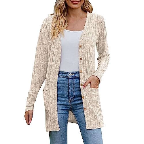 Generisch Strickjacke Damen Lang – Oversize Strickcardigan Longstrickjacke Langarm Mit Taschen & Knöpfen, Warmer Cardigan Pullover Als Offener Strickmantel Für Herbst Winter Beige