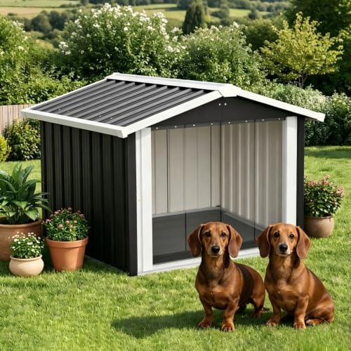 Hundehütte, Hundehaus, Hundekennel, schräges Ablaufdach | integrierte Belüftung, 102x91x84 cm wetterfestes Metallhaus