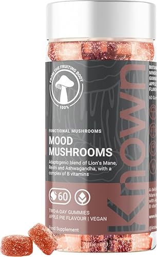 Schmackhafte Mood Mushrooms-Gummis – Lion’s Mane, B-Vitamine – Gehirngesundheit & hormonelles Gleichgewicht – Apfelkuchengeschmack – 60 vegane Gummis, 1 Monat
