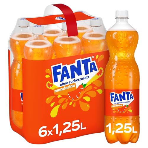 Fanta Zero Mandarine Limonade – zuckerfreies, kalorienfreies Erfrischungsgetränk mit fruchtigem Mandarine-Geschmack – 6x 1,25L Einweg PET Flaschen – Vorratspack