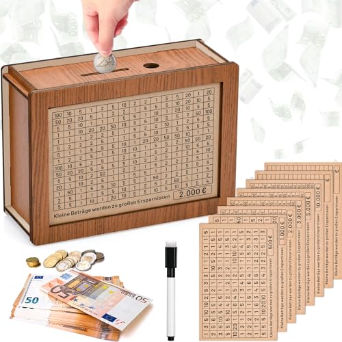 Sparbox Mit Zahlen Ankreuzen, Geldbox, Spardose Holz 22x15x13 cm Mit Sparziel, Retro Sparbüchse Aufbewahrungsbox Wieder Verwendbares, €500 €1,000 €2,000 €3,000 €5,000 Euro