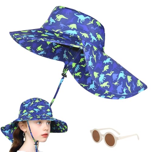 DiULi Sonnenhut Baby, UV Hut Kinder mit Verstellbarem Bindeb?ndern und Gl?ser, Eimer Hut Breite Krempe Kappe mit Nackenschutz, Gr??enverstellbarer für Unisex, UPF 50+, Grüner Dinosaurier