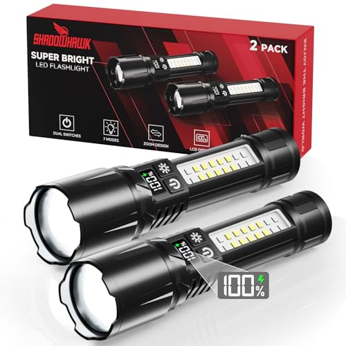Shadowhawk 2 Stück Taschenlampe LED Aufladbar mit COB Seitenlicht | Leichtgewicht & Eingebauter Akku – Taktische Taschenlampen mit 2 Schaltern & Ein-Knopf Ein/Aus, 7 Modi für Camping/Wandern/Notfall