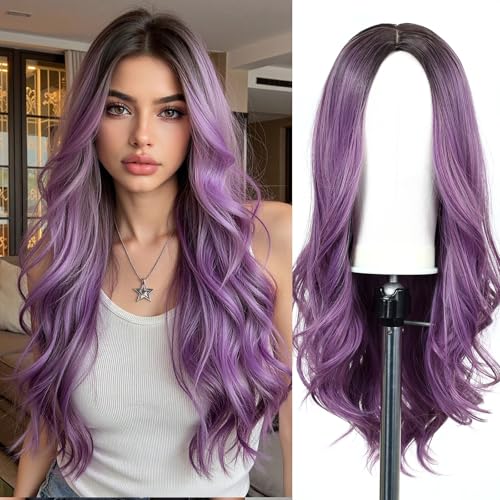 Esmee 24 Zoll Lange Gewellte Lila Perücke für Frauen Natürliches Synthetisches Haar Hitzebeständig Ombre Perücken mit Dunklen Wurzeln für die Tägliche Party Cosplay Tragen