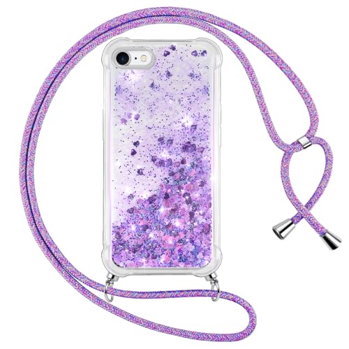 Vauki handyband für iPhone 6/iPhone 6s Hülle mit Band, Silikon Durchsichtig Transparent Flüssig Glitzer mit Kette Kordel Treibsand Necklace TPU Schutzhülle Case für iPhone 6S, Lila