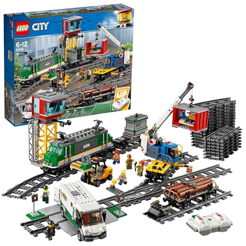 LEGO City Trains Güterzug - Zug Spielzeug, Gabelstapler, 32 Gleisstücke, Signalleuchten & 6 Minifiguren – Lokomotive Spielset für Kinder - Kreatives Geschenk für Jungen & Mädchen ab 6 Jahren - 60198
