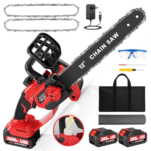 Bundviel Akku Kettensäge Kompatibel mit Makita Akku, 12 Zoll Astsäge Akku Bürstenlosem Motor mit 2×4Ah, 2 Ersatzketten, Elektro-Kettensäge mit Autom. Kettenschmierung, ideal für Gartenholz & Äste
