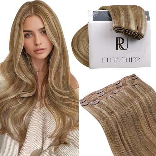 RUNATURE Clip in Extensions Echthaar Braun Highlight Blond Echthaar Extensions Clip in 30cm Kurz Echte Haare Seamless Haarextension 50g 3 Stück Haarverlängerung #10P16