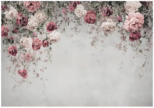 WallArena - Vlies Fototapete Blumen Rosen 400x280 cm - Fototapeten - Tapeten - für Wohnzimmer Schlafzimmer - Vliestapete Wandtapete Tapete 3D Effekt- inkl. Kleister - botanisch Blume Grau Rosa