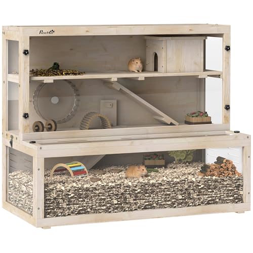 PawHut Hamsterkäfig aus Holz 100 x 50 x 84 cm Nagerkäfig 3 Etagen Kleintierkäfig mit Sichtfenster, Laufrad, Rampe, Häuschen, Mäusekäfig Käfig für Zwerghamster Naturholz