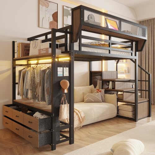 Merax Metall-Hochbett 140x200 cm mit Ablagefach, Kleiderstange, Stoffschubladen & LED – Sicherheitsgeländer, Leiter, Schwarz (Ohne Matratze)