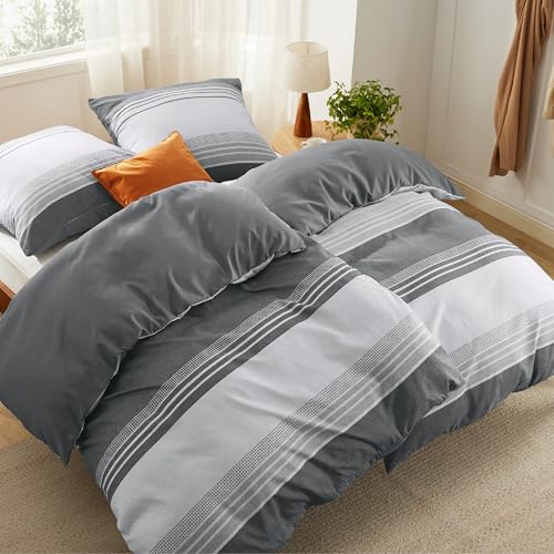 BEDSURE Bettwäsche 135x200 4teilig Bettbezug - Bettwäsche-Sets 135 x 200 cm 2er Set mit 2 Kissenbezüge 80x80cm, ÖKO-TEX Wendebettwäsche Bedding Grau Gestreift Muster mit Reißverschluss