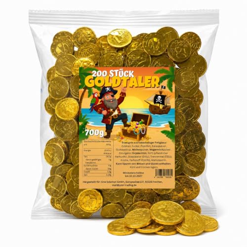 Goldtaler aus Schokolade 200 Stück I ideal für Schatzsuchen, Kindergeburtstage oder als Mitgebsel I Euromünzen als Wurfmaterial für Karneval und Fasching I 700g