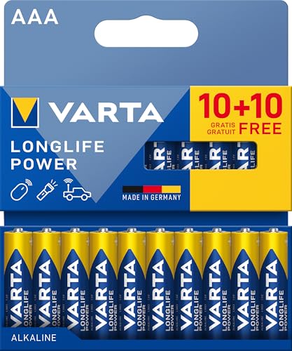 VARTA Batterien AAA, 10+10 (20 Stück), Longlife Power, Alkaline, 1,5V, ideal für Spielzeug, Funkmaus, Taschenlampen, Verpackung zu 90% recycelt, Made in Germany