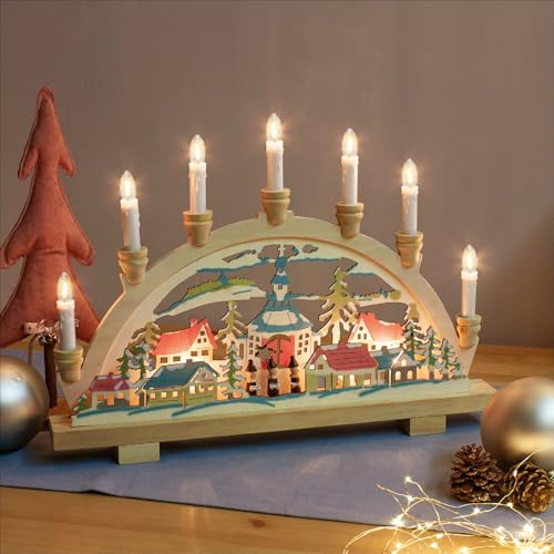 Hellum Schwibbogen Weihnachten innen Motiv Sternsänger, Fensterbeleuchtung Weihnachten innen mit 10 Kerzen (+ Ersatz) 45x31,5cm, Lichterbogen Schwippbogen mit Strom und Schalter 151817