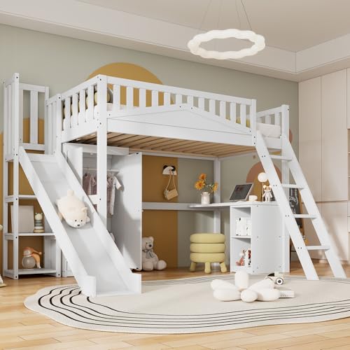 Kinderbett Etagenbett 90x200, Hochbett Hausbett mit Rutsche,Leiter,Kleiderschrank,Schreibtisch,Regale, Einzelbett Holzbett Spielbett Jugendbett mit Lattenrost&Rausfallschutz, Kiefer,Ohne Matratze,