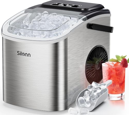 Silonn Eiswürfelmaschine, 9 Eiswürfel in 6 Minuten, 12 kg in 24 Stunden, selbstreinigender Eiswürfelbereiter mit 2 Eiswürfelgrößen für Küche, Büro, Bar und Party, Schwarz (Edelstahl-9)