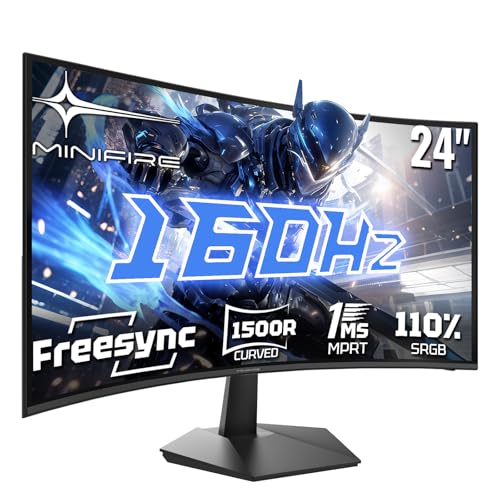 Minifire Gaming Curved Monitor 24 Zoll, 160Hz, Curved Gaming Monitor 1500R, 1Ms, sRGB110%, FHD 1080P Computer Screen, VESA Compatible, Eye Care Adaptive Sync HDMI&DP Ports (MFG24C1L )