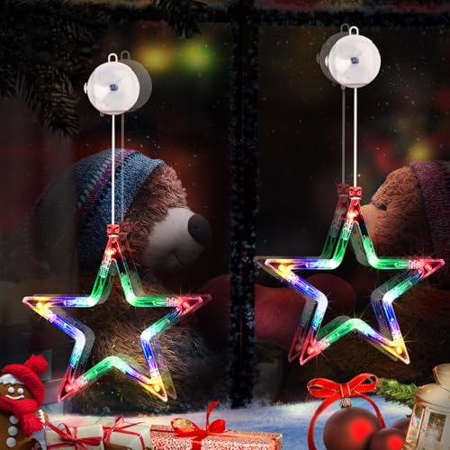 Qedertek LED Sterne Weihnachtsbeleuchtung, 2 Stück 10 LED Fenster Lichterkette Batteriebetriebene mit Timer, Saugnäpfe, Bunt Lichtervorhang Innen für Weihnachten Deko, Balkon, Party, Hochzeit