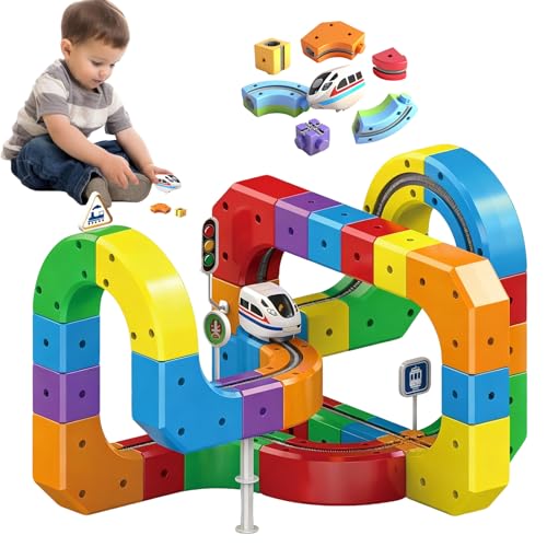 Clickrail Electric Train Set Flexible Race Track,Magnetische Eisenbahn für Kinder,Schwerkrafttrotzende 3D-Streckenlayouts & motorisiertes Auto,Rail Cube Bauspielzeug für Kinder Jungen Mädchen (81Pcs)