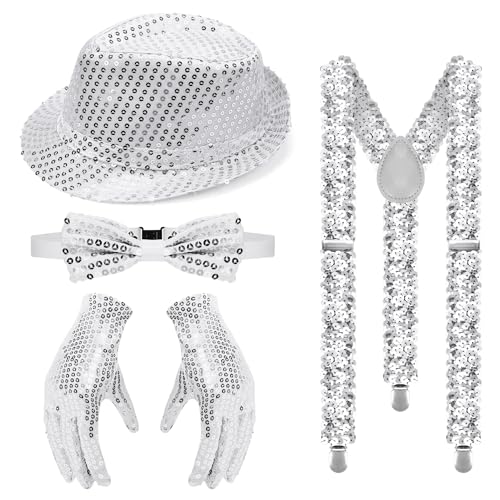 Jazz Dance Performance Hippie Accessories Pailletten Set, Glitzer Fliege und Hosenträger Herren Set mit Partyhüte Silber Handschuhe für Karneval Kostüm Zubehör
