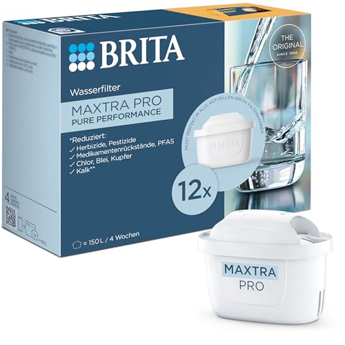 BRITA Wasserfilterkartusche MAXTRA PRO Pure Performance (All-in-1) 12er-Pack Jahrespack – Original Ersatz-Wasserfilter für BRITA-Kannen: reiner Wassergeschmack – filtert PFAS, Chlor, Kalk & Metalle