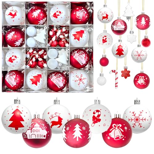 46 Stück Weihnachtskugeln Kunststoff, Christbaumkugeln Weihnachtsbaumkugeln Set, Personalisierte Weihnachtskugeln Weiß & Rot, Weihnachtsbaumschmuck Kugeln, Weihnachtsdeko Home Decoration