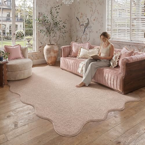 PureCozy Teppich Wohnzimmer 160x230cm Rosa Kurzflor Fellteppich | Flauschiger, Waschbarer Rutschfest, Kurzflor Weich, Shape Scallop, Kinderzimmer, Schlafzimmer Carpet