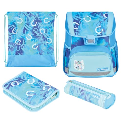 Herlitz Schulranzen Set 4-teilig Loop Lucky Horse Hellblau 17 L Ergonomischer Tornister mit geringem Gewicht 1. Klasse Junge Mädchen Kinder, Pferd