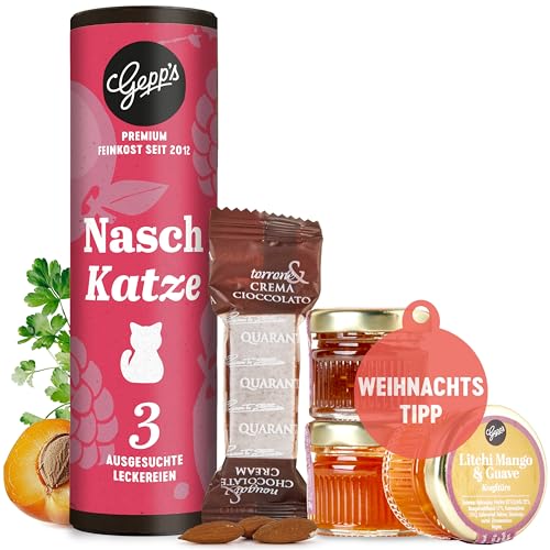 Gepp’s Feinkost Geschenkset “Naschkatze” I 3 Mini-Marmeladengläser als Probierset in den Geschmacksrichtungen Litschi-Guave-Mango, Aprikose-Yuzu & Feige I Gourmet Weihnachts-Geschenkset