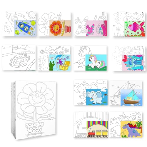 24 Stück Vorgezeichnete Leinwand zum Malen im Bulk, Kinder Mal-Leinwände mit Vorlagen zum Bemalen, Geschenke zum Kindertag, Geburtstag, Party, Schulanfang und Familienzeit, 12 Designs (20 x 15 cm)