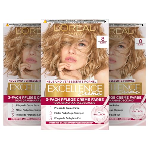 L'Oréal Paris Permanente Haarfarbe, 100% Grauhaarabdeckung, Haarfärbeset mit Coloration, Shampoo und 3-Fach Pflege Creme Farbe, Excellence Creme, 8 Blond, 3 x 268 g