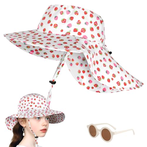 DiULi Sonnenhut Baby, UV Hut Kinder mit Verstellbarem Bindeb?ndern und Gl?ser, Eimer Hut Breite Krempe Kappe mit Nackenschutz, Gr??enverstellbarer für Unisex, UPF 50+, Rosa Erdbeere