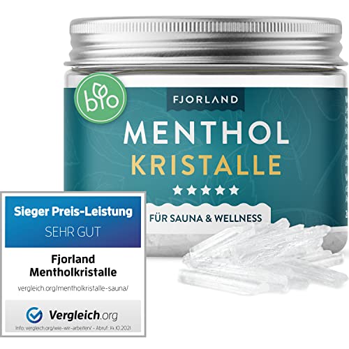 Fjorland Mentholkristalle 100g - Premium Qualität für die Sauna - Kristalle aus Menthol - Saunaaufgüsse - In wiederverschließbarer Dose - 100% natürliche Inhaltsstoffe