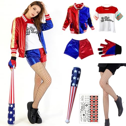 BENBENGO Faschingskostüm,Mädchen Suicide Kostüme,Böser Clown Kleid,mit Jacke T-Shirt Shorts Handschuh,für Karneval,Fasching,Mottoparty,Halloween（M）