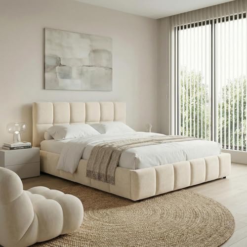 IDIMEX Polsterbett Emilia 140x200 cm, Cremeweiß - Bett mit Lattenrost, Bettgestell mit gepolstertem Kopfteil, Stoffbett mit moderner Steppung, Modernes Design und stabile Konstruktion