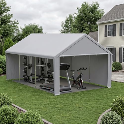 VA-Cerulean Carport Zeltgarage 4x6m, Lagerzelt mit wetterfester PE Plane, Garagenzelt mit verzinktem Stahlrahmen, mit Erdankern und Abspannseilen, Unterstand für Auto, Geräte und Gartenbedarf, Grau