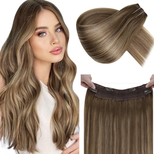 LaaVoo Extensions Echthaar mit Draht Balayage Braun Invisible Secret Wire Extensions Hellbraun Ombre Goldene Blondine Fish Line Haarverlängerungen Echthaar Extensions Ein Stück 30cm 80 Gramm #8/16/8