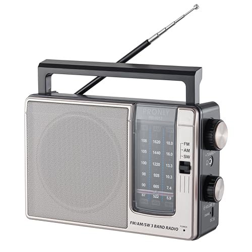 PRONLY Tragbares AM/FM-Radio, Batteriebetriebenes Radio mit 800-mAh-Li-Ion-Akku, Großem Lautsprecher, Kopfhöreranschluss, DC 5 V, für Zuhause und Draußen, Grau (PR-1012)