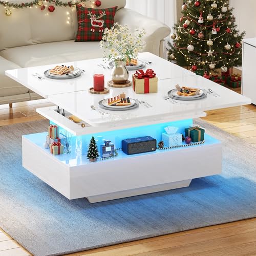 YITAHOME Couchtisch Höhenverstellbar, Wohnzimmertisch Hochglanz mit 2 Schublade und LED, Couchtische mit Verstecktem, Kaffeetisch Fach Umwandelbar in Esstisch