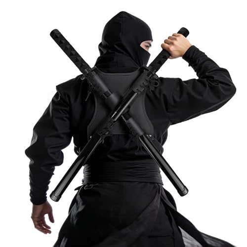 Udekit Ninja Holzschwert Set mit Rückenholster - Verstellbarer Waffenkoffer mit Zwei Katanas für Cosplay Kostüme Halloween und Karneval